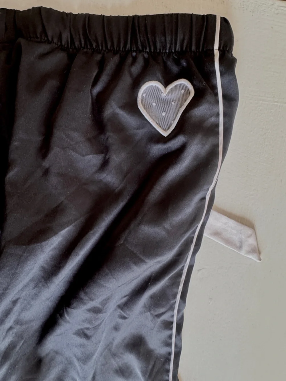 Victoria's Secret Black Satin Pajama Pants with Pin-strip & Heart Cutout - Picture 2 of 9